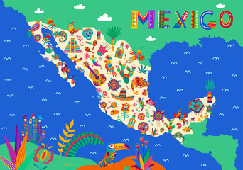 Fototapeta na wymiar Mexico map with national cuisine, animals, musical instruments, holiday items and flowers. Vector mexican fiesta and travel banner of Mexico country silhouette with sombrero, guitar, maracas, skulls