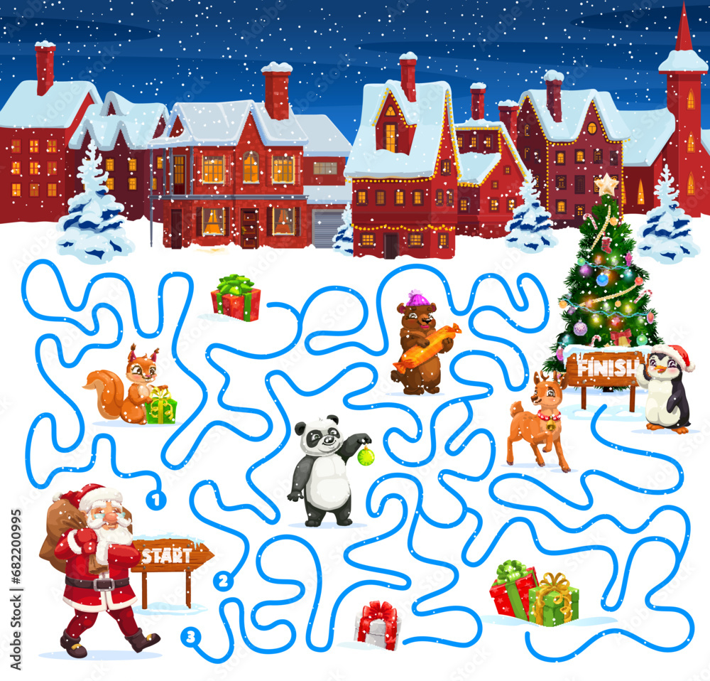 Poster christmas labyrinth maze with holiday characters. kids vector board game worksheet with santa claus,