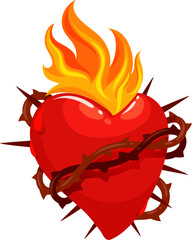 Mexican sacred heart tattoo and symbol of Mexico culture and religion art, vector icon. Sacred heart in thorns and burning fire flame, Corazon Milagro Mexican religious sign of Jesus and God love - obrazy, fototapety, plakaty