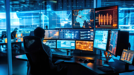 BIG DATA. Modern open space office interior blurred with information technology overlay. Finances.