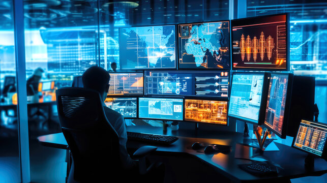 BIG DATA. Modern open space office interior blurred with information technology overlay. Finances.