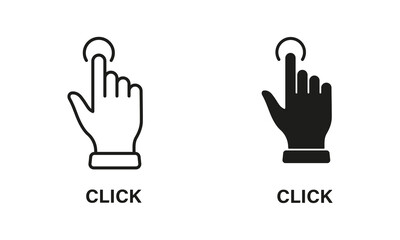 Click Gesture, Hand Cursor of Computer Mouse Line and Silhouette Icon Set. Pointer Finger Press or Point Pictogram. Swipe, Touch, Tap Sign Collection on White Background. Isolated Vector Illustration