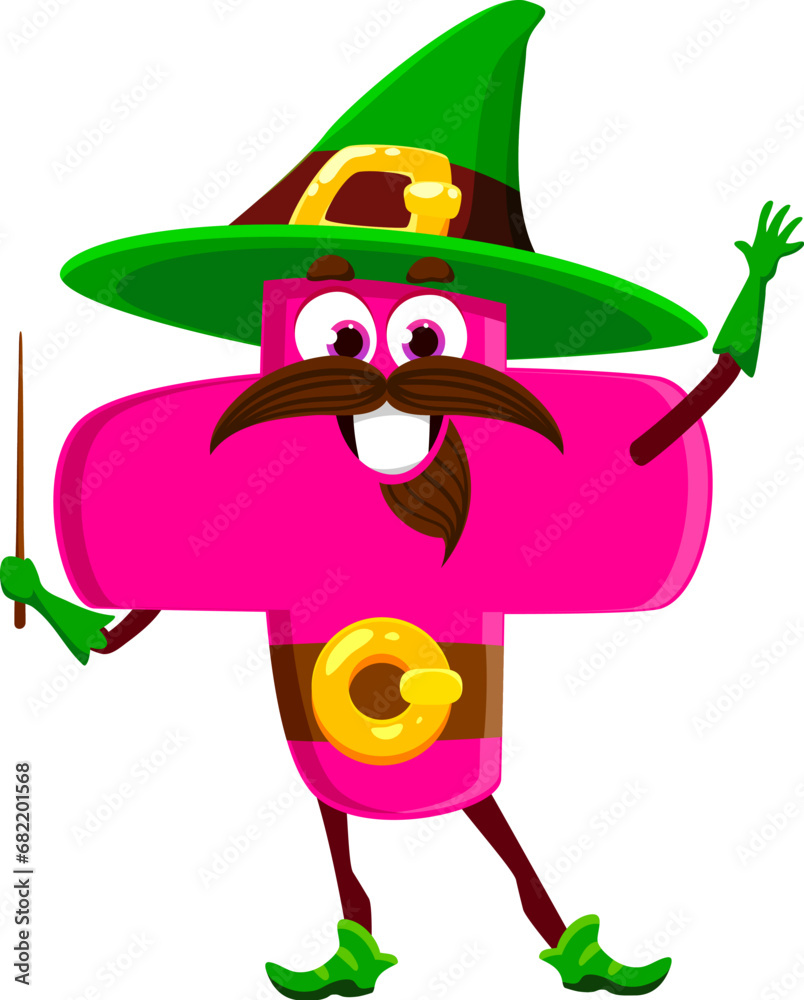 Poster cartoon halloween math number plus sign wizard character. isolated vector cute mathematics and arith