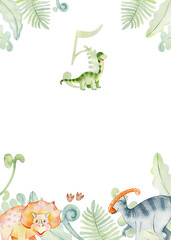Fifth birthday. Watercolor frames with cute dinosaurs. © Tapilipa