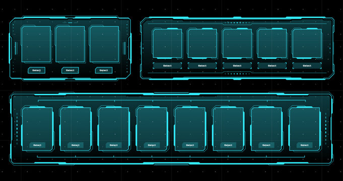 Hud sci fi futuristic game frames, displays and screens. Info boxes ui interface in digital modern tech style. Vector hi-tech neon colored glowing design elements for gamer menu, or user applications