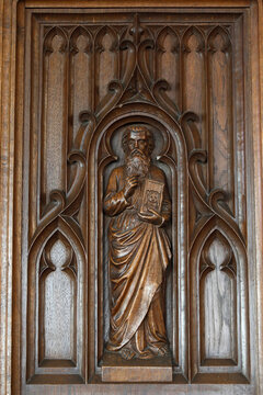 St George's church, Saint-Georges-du-Vi&Atilde;&uml;vre, Eure, France. Pulpit wood carving detail.