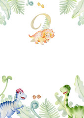 The second birthday. Watercolor frames with cute dinosaurs.