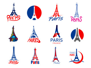 Paris Eiffel tower icons with France flag and travel landmarks, vector badges. France and Paris creative art symbols of Eiffel Tower with heart in line silhouette for French fashion or t-shirt print © Vector Tradition