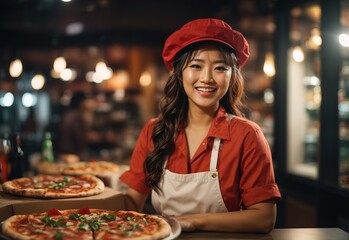 Beautiful chef asian women making pizza, Blurred restaurant on the background