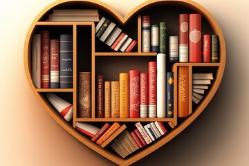 Bookshelf with ictionaries in form of heart. Learning language c