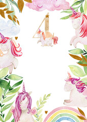 Watercolor cute unicorn illustration. Magical fantasy frame. Fourth birthday.