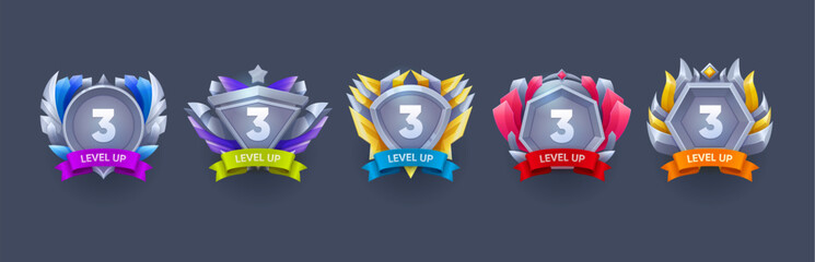 Game level up and win metal badges. Arcade level up prize, gambling app victory realistic vector sign, gaming task complete, win rank or achievements rating realistic vector badge with silver medals