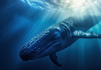 Humpback whale playing near the surface in the blue water of the ocean - obrazy, fototapety, plakaty