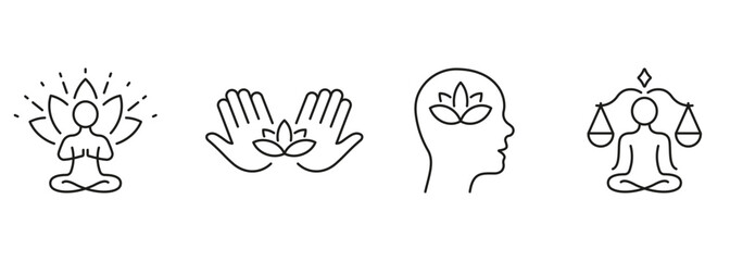 Person Meditate In Lotus Position, Wellness Line Icon Set. Mental Health And Yoga Pictogram. Calm Mind Outline Sign. Zen Pose Symbol. Editable Stroke. Isolated Vector Illustration