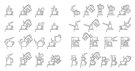 Make tea and coffee brew, preparation instruction and brewing process vector icons. Tea and coffee brew instruction icons of hot water cup or teabag with kettle pot and temperature or time of brewing - obrazy, fototapety, plakaty
