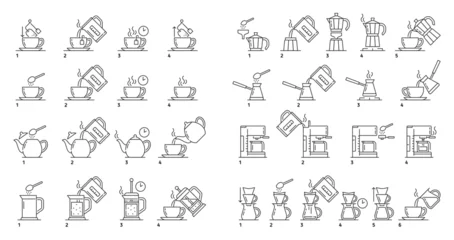 Fotobehang Make tea and coffee brew, preparation instruction and brewing process vector icons. Tea and coffee brew instruction icons of hot water cup or teabag with kettle pot and temperature or time of brewing © Vector Tradition