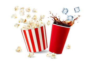 Movie cinema popcorn bucket and cola drink cup with splash, realistic vector background. Pop corn snack and soda beverage in red cup with ice cubes splash and flying popcorn from bucket - obrazy, fototapety, plakaty