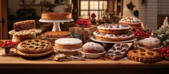 Fototapeta premium In the warm and welcoming kitchen of their cozy home, a skilled baker lovingly prepares a delectable gourmet cake, made from scratch with the perfect balance of flour, butter, and cinnamon. The aroma