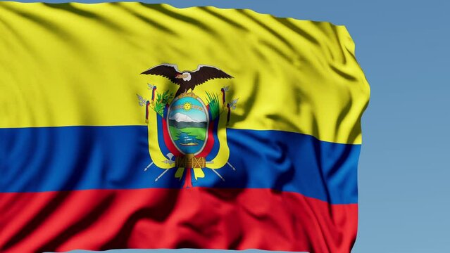 Close-up of the national flag of Ecuador flutters in the wind on a sunny day , 4k slow motion