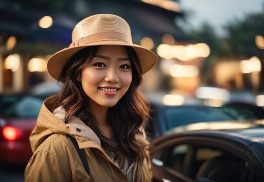 Beautiful asian women model, street city view and car on the background