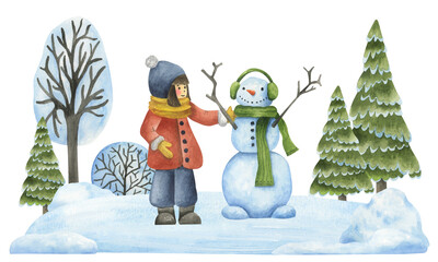 A girl in winter clothes makes a snowman in the forest. Children's watercolor illustration on a white background. Winter fun outdoors.