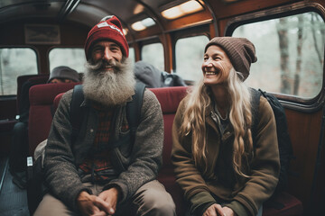 Senior hikers riding together in a bus