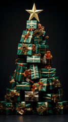 Fototapeta na wymiar Christmas tree made of gifts. Christmas decoration and Christmas gifts. Christmas tree made up of gifts.