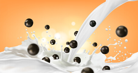 Milk splash with chocolate balls. Vector promo background with velvety creamy liquid enveloping crunchy cereal balls, a symphony of flavors and textures. An indulgent treat that awakens the senses