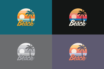 Beach logo illustration design with a palm tree on a tropical island at sunset