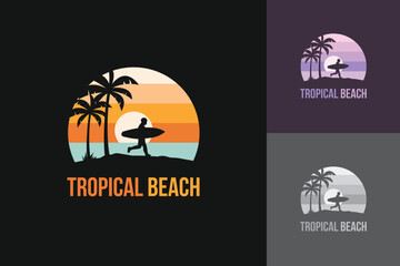 Surfing logo on tropical beach island with silhouette of man carrying surfboard vector illustration - obrazy, fototapety, plakaty