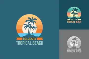 Fotobehang Tropical island logo with three palm trees on the coastline vector illustration © Sabavector