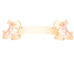 golden ribbon label with cupids watercolor