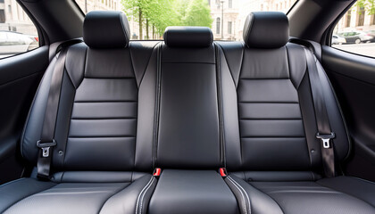 Luxurious black leather rear seats of a modern new car. black car interior