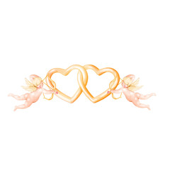 intertwined hearts with cupids watercolor isolated illustration