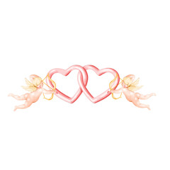 intertwined hearts with cupids watercolor isolated illustration