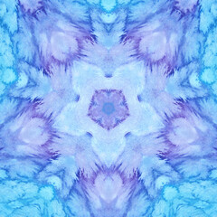 Blue and violet Mandala watercolor kaleidoscope pattern. Hand drawn abstract background. Decorative tile textile print element.