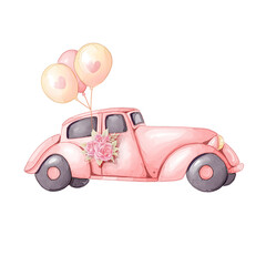 vintage wedding car with flower watercolor