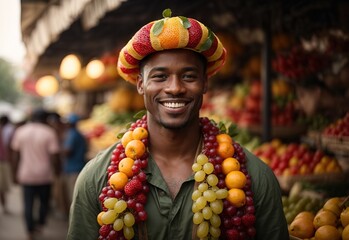 Healthy life concept, handsome black men wearing fruit theme, healthy living movement - Powered by Adobe