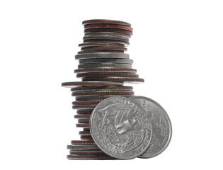 Column dollars metal, cash money, coin isolated on white, side view, clipping path
