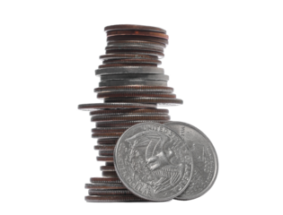 Column dollars metal, cash money, coin isolated on white, side view, clipping path