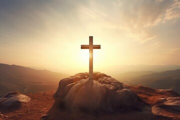 Silhouette of wooden christian cross, crucifix symbol on mountain against sunrise, sunset sky background. Death and resurrection of Jesus Christ. Easter concept. Church worship, salvation concept - 682207169
