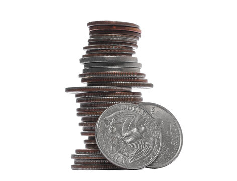 Column dollars metal, cash money, coin isolated on white, side view, clipping path