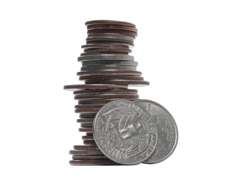 Column dollars metal, cash money, coin isolated on white, side view, clipping path