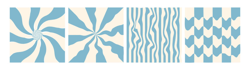 Set of groovy hippie 1970s backgrounds. Y2k, swirl, mesh, stripes, chess. Trendy vector in retro psychedelic style in blue and white 