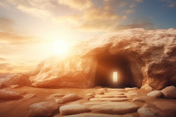 Empty tomb with shroud in Calvary hill. Christian Easter concept. Resurrection of Jesus Christ at morning sunrise. Church worship, salvation concept - obrazy, fototapety, plakaty