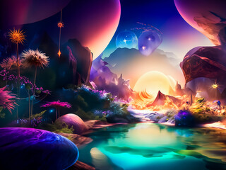 Fototapeta na wymiar Fantasy celestial oasis landscape concept.