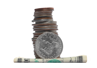 Set dollars metal, cash money, coin and one dollar bill isolated on white, side view