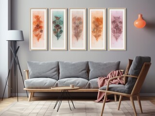 Light Gray Wall with Six Vertical Paintings - Mockup Illustration Generative AI