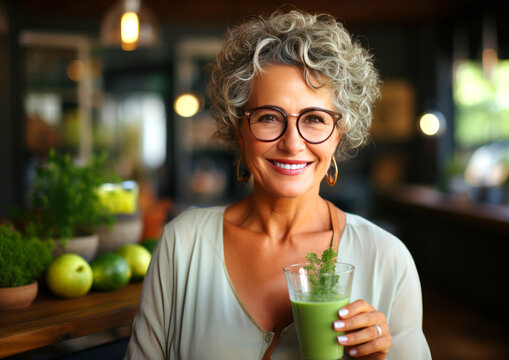 Beautiful senior woman preparing healthy green smoothie, health and longevity concept