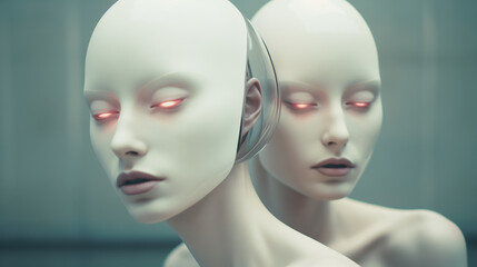 Newly augmented synthetic biomechatronic android robotic female twins - ultra futuristic depiction of possible artificial intelligence replacement of humans - science fiction replicants.